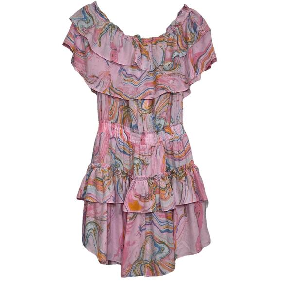 Buddy Love Dress Size M Pink Swirl Off Shoulder Smocked Waist Chiffon Mini NWT - Picture 8 of 12